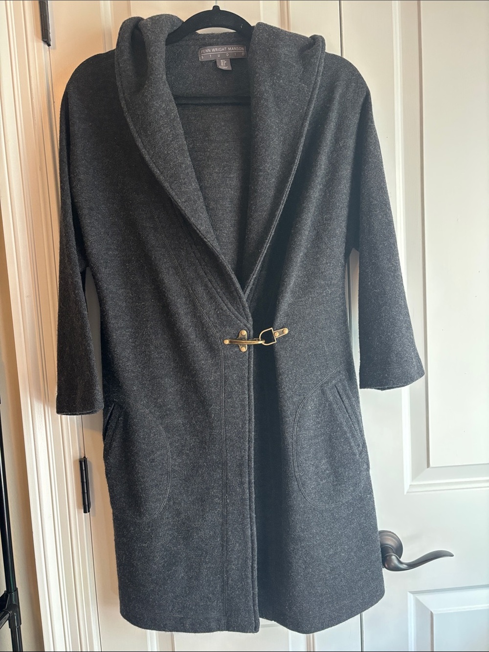 Charcoal Hooded  100% Wool Coat with Gold Toggle